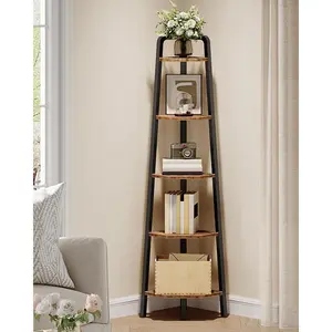 Corner Shelf, 5-Tier Ladder Corner Shelf, Ladder Bookshelf, 59.6" Tall Vertical Display Stand, Metal Frame Bookshelf, for Living Room, Bedroom, Kitchen, Rustic Brown and Black TCJ20BF