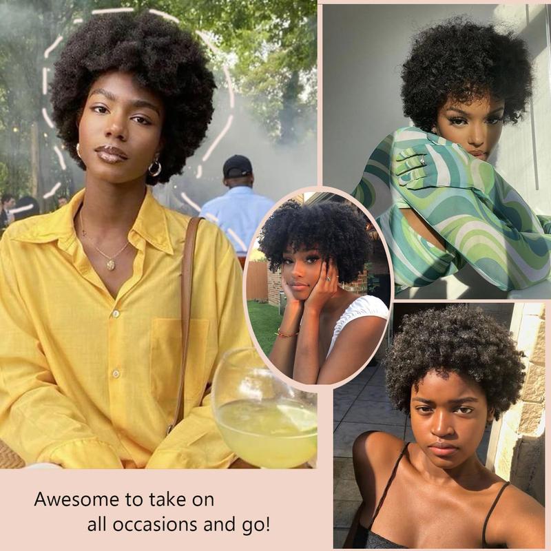 Glueless Wigs Human Hair Short Afro Kinky Curly Blonde Wigs For Women Human Hair Put on & go Soft and Fluffy Glueless Wigs 70s 80s Hair Kinky Curly Wig Cosplay or Daily Use Wigs 180% Density Pixie Curl Work Wig Onetide Hair
