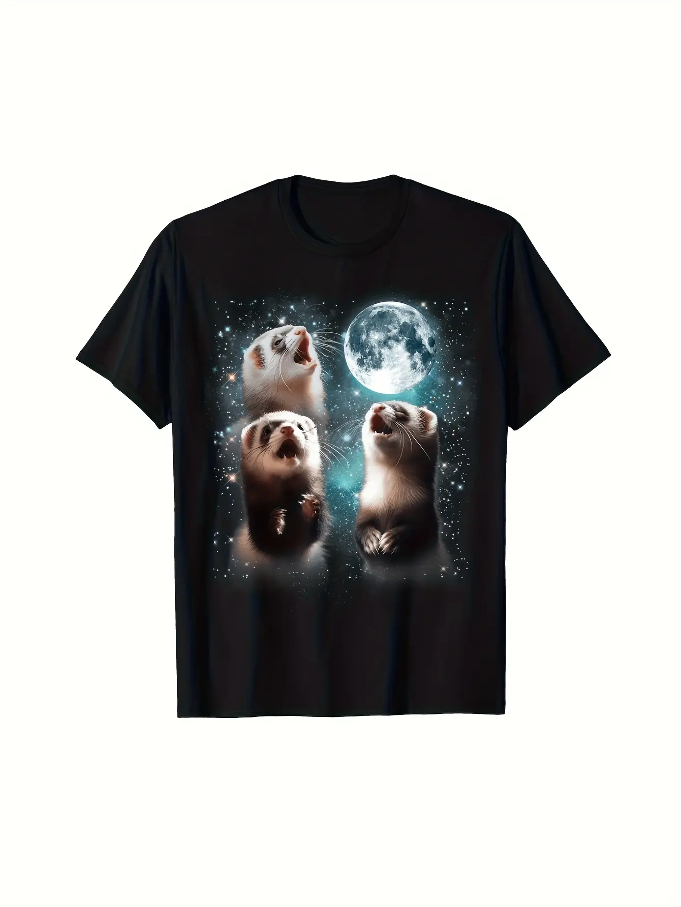 Men's Black Ferret  Moon Print T-Shirt - Casual Ro unisex soft cotton short sleeve t shirt, vintage graphic casual tee for men women teens, perfect birthday holiday gift for camping travel gym daily street casual wear