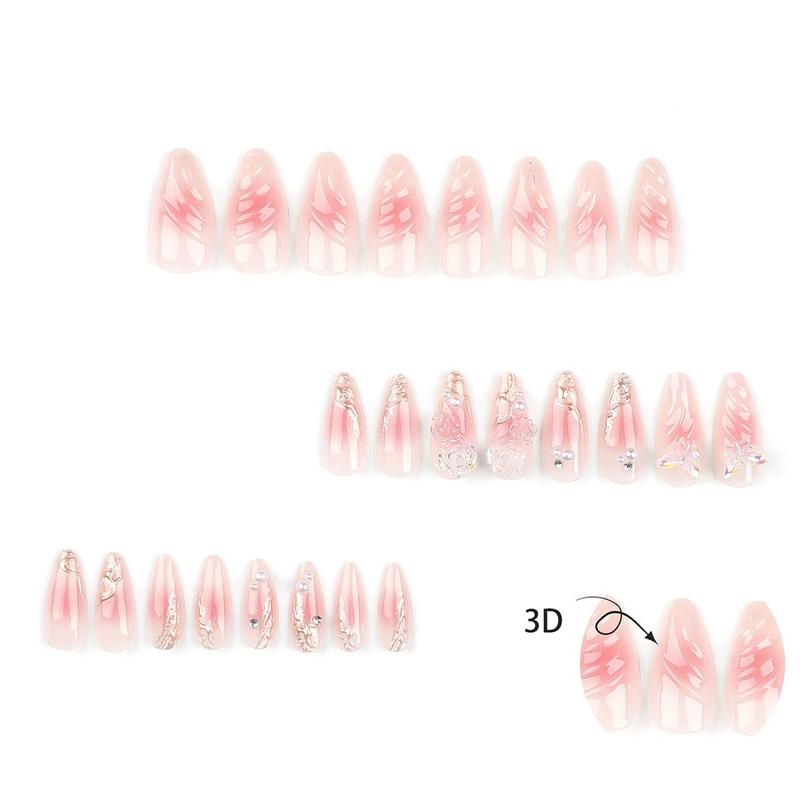 Pink Fake Nail with 3D Flowers and Butterflies Design Almond Nails Glossy Nails 24 PCs/Set