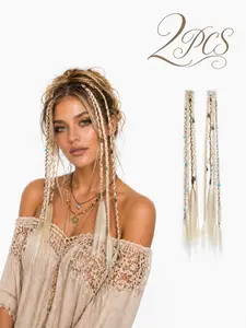2pcs Clip in Braided Hair Extensions for Women, Boho Y2K Synthetic Braid Hair Clips with Beads & Charms, Festival Party Cosplay Accessories, Synthetic Braiding Hair