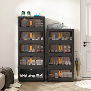 23.62*13.78*59.84 Inch Black 5-Tier Folding Storage Cabinet, 24 Inch Side Wide Plastic Cabinet with Magnetic Door and Rolling Wheels, Quick Assembly Collapsible Organizer for Bedroom Kitchen Dormitory