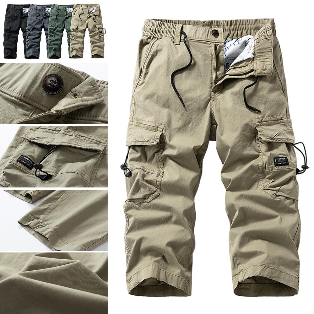 100% Cotton Tactical Cargo Pants with Multiple Pockets, 3D Large Cargo Pockets, Drawstring Bag, Mid-Length Outdoor Hiking Shorts