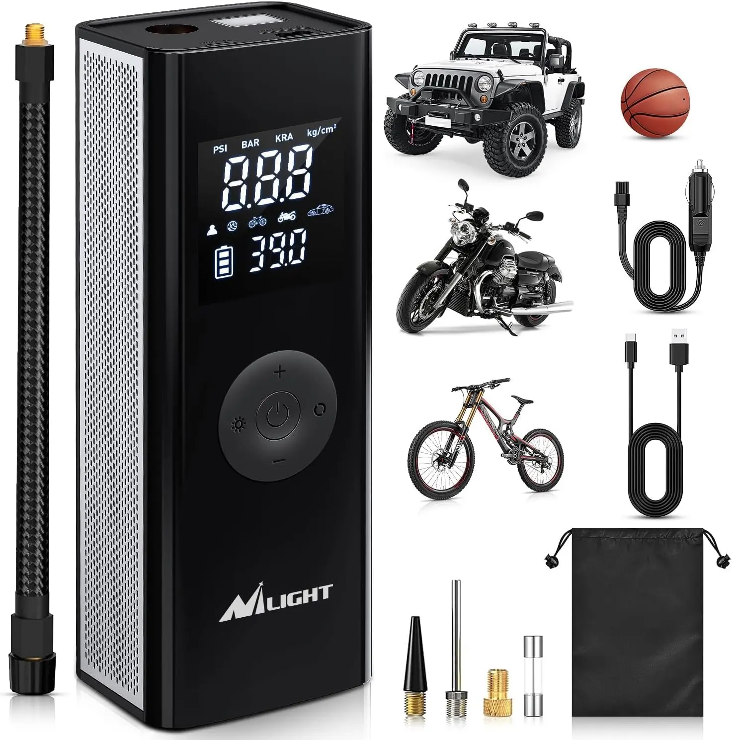 Nilight Compact Cordless Tire Inflator - 12VDC 150PSI Battery-Powered Rechargeable Air Compressor with 7800mAh Batteries, 25L/min Fast Inflate, 25mm Cylinder, Digital Pressure Gauge, Pressure Control, Aluminum Shell, LED Lighting for Cars/Motorcycles, Led