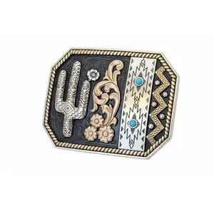 Rectangle Cactus & Turquoise Stone Belt Buckle – Southwestern Western Buckle