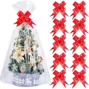 20 count Christmas Basket Bags 24x36 inch Christmas Snowflake Cellophane Bags with Pull Bow Set 10 Xmas Packaging Bag 10 Ribbon Bows