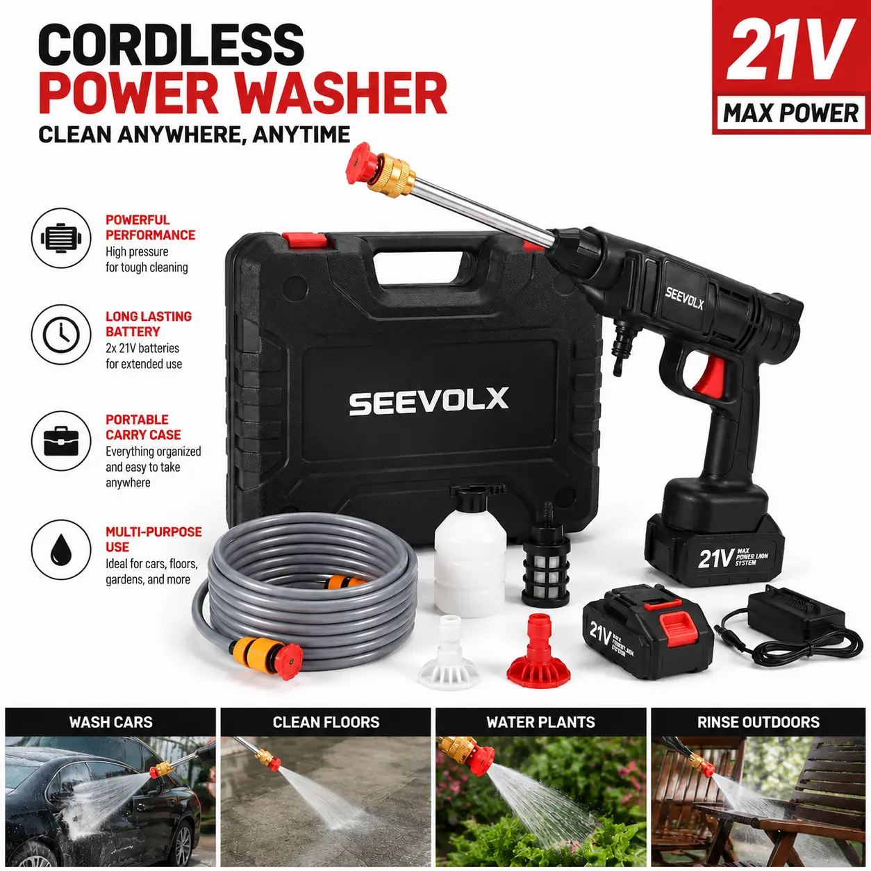 SEEVOLX 21V Cordless Pressure Washer, Portable High-Pressure Power Washer with Foam Cannon, 2 Batteries & Adjustable Nozzle for Car, Patio Cleaning