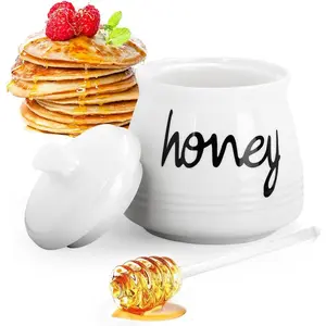 Porcelain Honey Pot with Lid and Glass Honey Stick, 12oz Ceramic Honey Dispenser with Dipper for  Kitchen