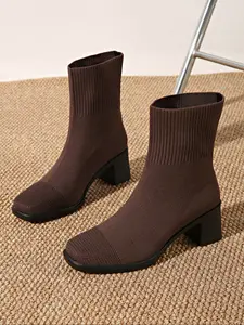 Women's French Style Knitted High Heel Boots, Short Ankle Booties for Fall & Winter, Fashionable and Versatile, Casual Ankle Boots