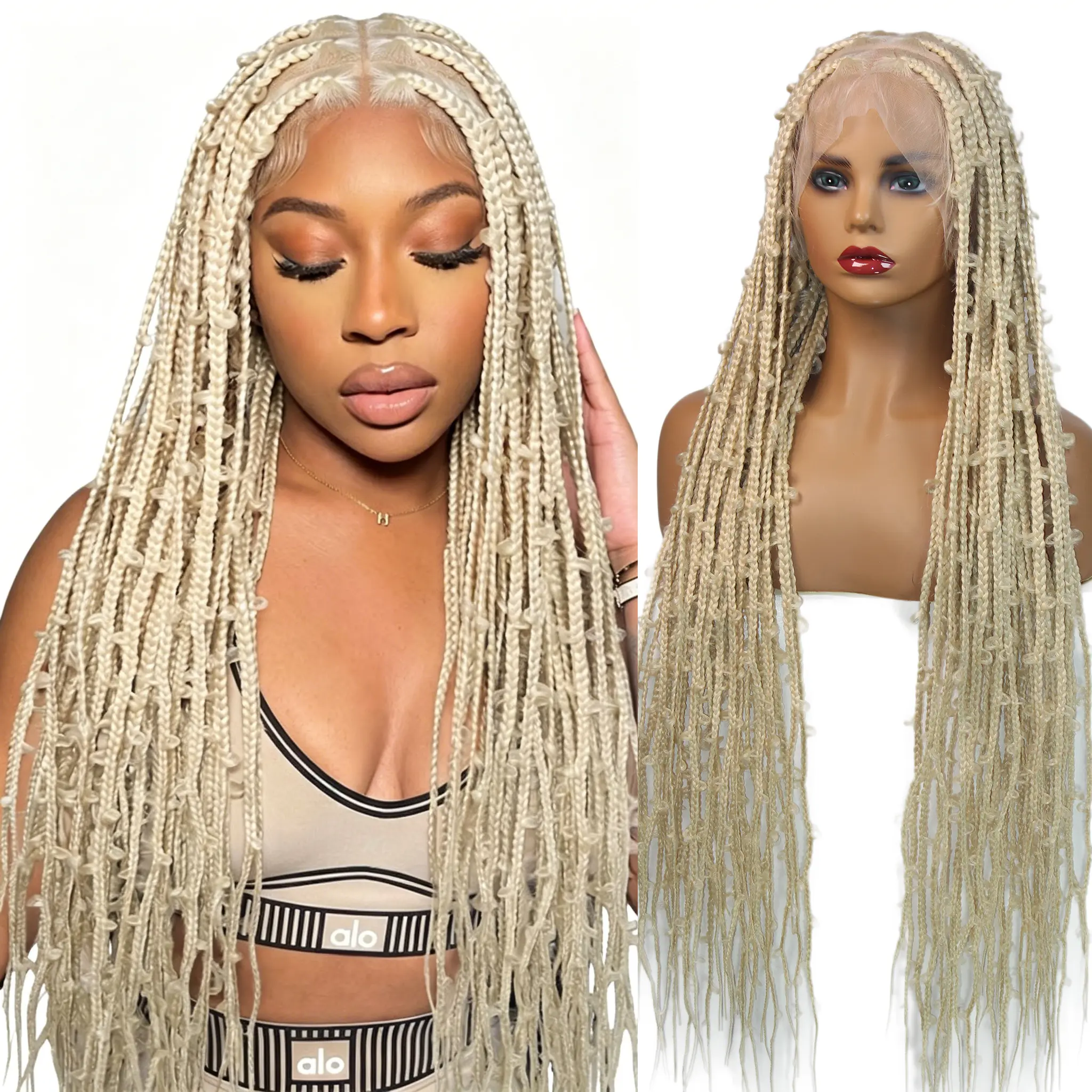 36 inches Honey Blonde Full Lace Cornrow Braids Wigs Synthetic Butterfly Braided Wigs For Black Women #613 Colored Knotless Box Braid Wig With Baby Hair