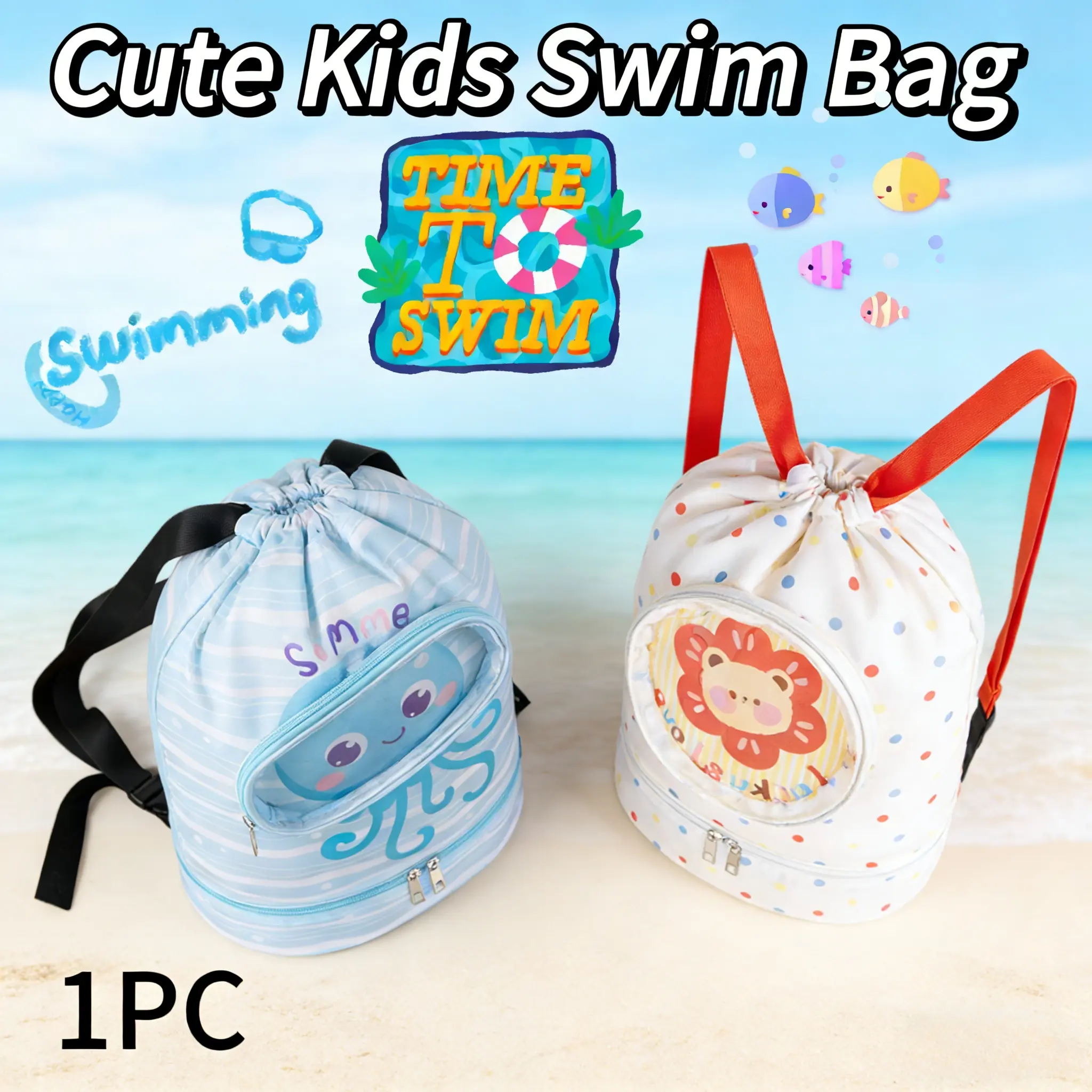 Cute Kids Swim Bag Swimming Dry Wet Separated Large Capacity with Transparent Space Compartment & Shoe Compartment Perfect Gift for Children