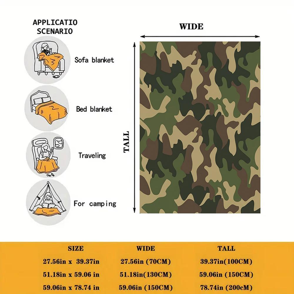 Classic Camouflage Throw Blanket - Military Green Camo Print Flannel Blanket, Cozy Soft Blanket for Hunting Outdoor Lovers