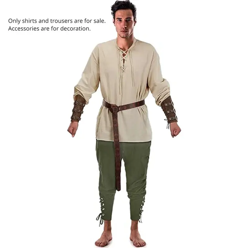 2PcsMen'sMedievalKnightCostumeSetRenaissanceCosplayPirateShirtsAnkleBandedPantsForHalloweenCottonLinenFabricMenswearClothesHoodieCasualGamisBeigePlainWhiteBrown 2PcsMen'sMedievalKnightCostumeSetRenaissanceCosplayPirateShirtsAnkleBandedPantsForHalloweenCottonLinenFabricMenswearClothesHoodieCasualGamisBeigePlainWhiteBrown