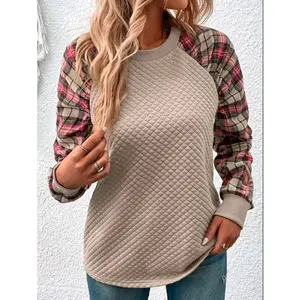 GGFL Women's GGFL069 Cotton Fabric Soft Quilted Patchwork Long-Sleeve Plaid Raglan-Sleeve Loose Sweatshirt, Comfortable Stylish Lady's Sports Top for Fall Winter, Matching Jeans