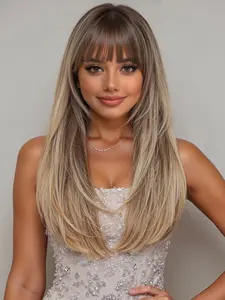22 Inch Long Straight Wig with Bangs, Deep Root Synthetic Hair, Natural Look, Easy Care, Suitable for All Ages, Mother Gift, Synthetic Material Wigs