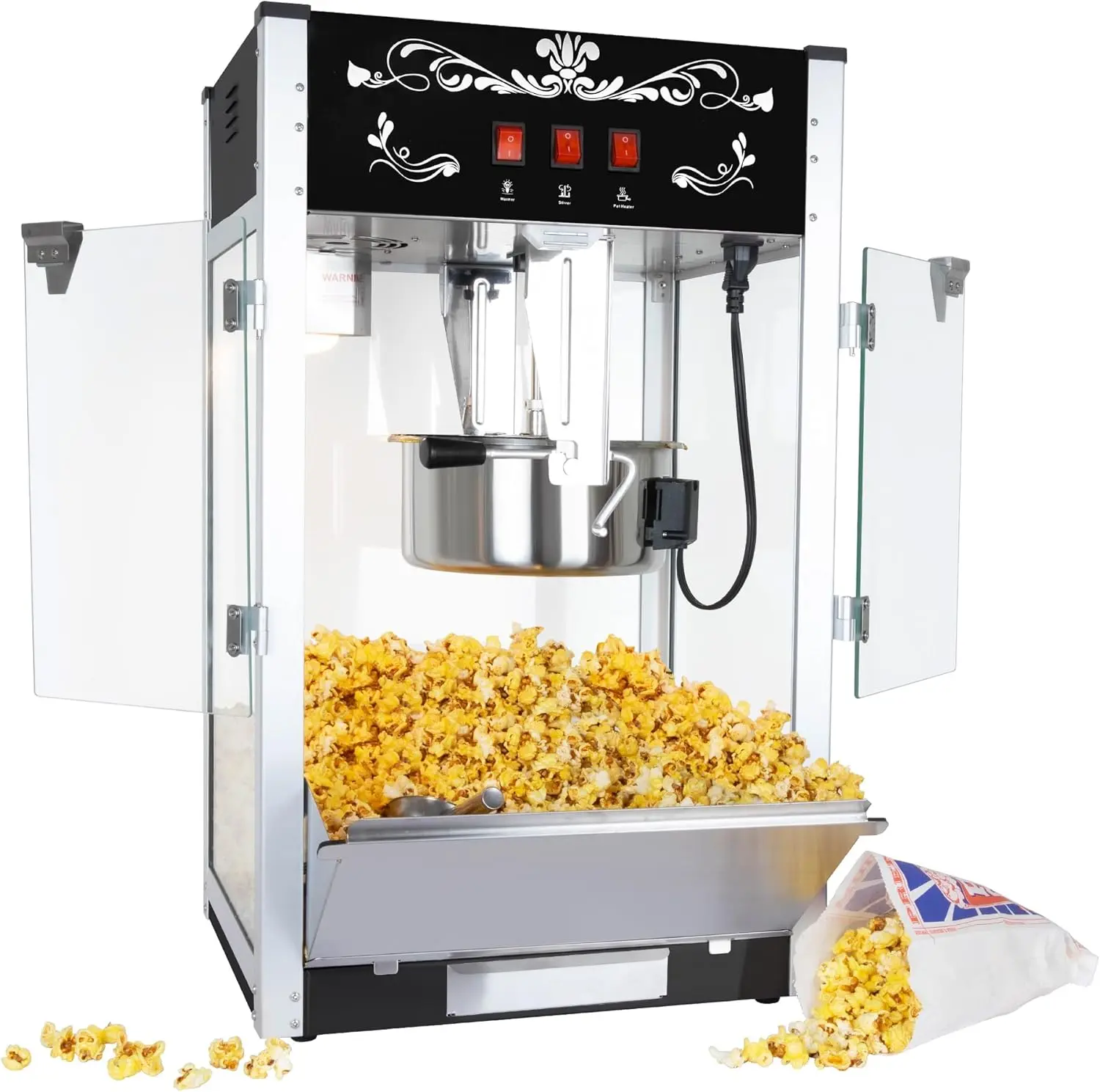 Commercial Popcorn Machine - 16 Oz Kettle, 80 Cups/Batch, 1450W Power, 3-Switch Control, Sturdy Theater-Style Popper with Steel Frame, Tempered Glass Doors & Detachable Design, 1 Corn Measuring Spoon, 2 Spoons, Black, Ideal for Parties, Thoughtful Gift, 8