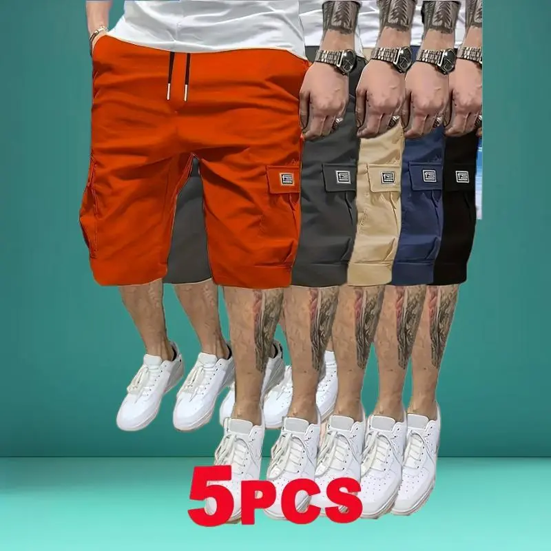 5pcs Men's Cargo Shorts - Multi-Pocket Durable Fabric, No-Bounce Breathable Design, Solid Color Casual Workwear Style for Summer & Casual Attire   workout top
