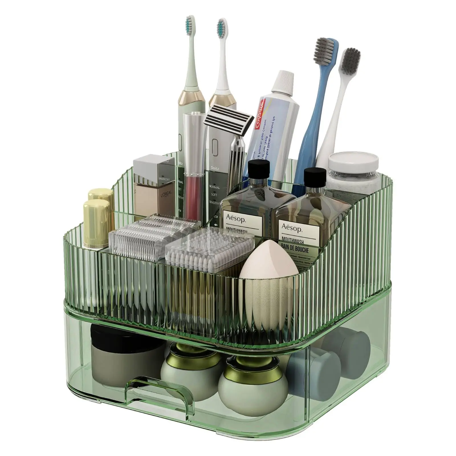 7-Slot Plastic Bathroom Countertop Toothbrush and Toothpaste Holder with Drawer Storage - 2-Parts Stackable, No Assembly Required, Space-Saving Vanity Organiser for Beauty Products, Green Bathroom Rack Set