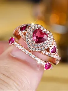 Luxury Imitation Ruby Heart Rings for Women, Stackable Engagement Ring Set, Wedding Ring Set, Daily Wear Jewelry Gift for Birthdays & Anniversariesfor Her, Cubic Zirconia Rings