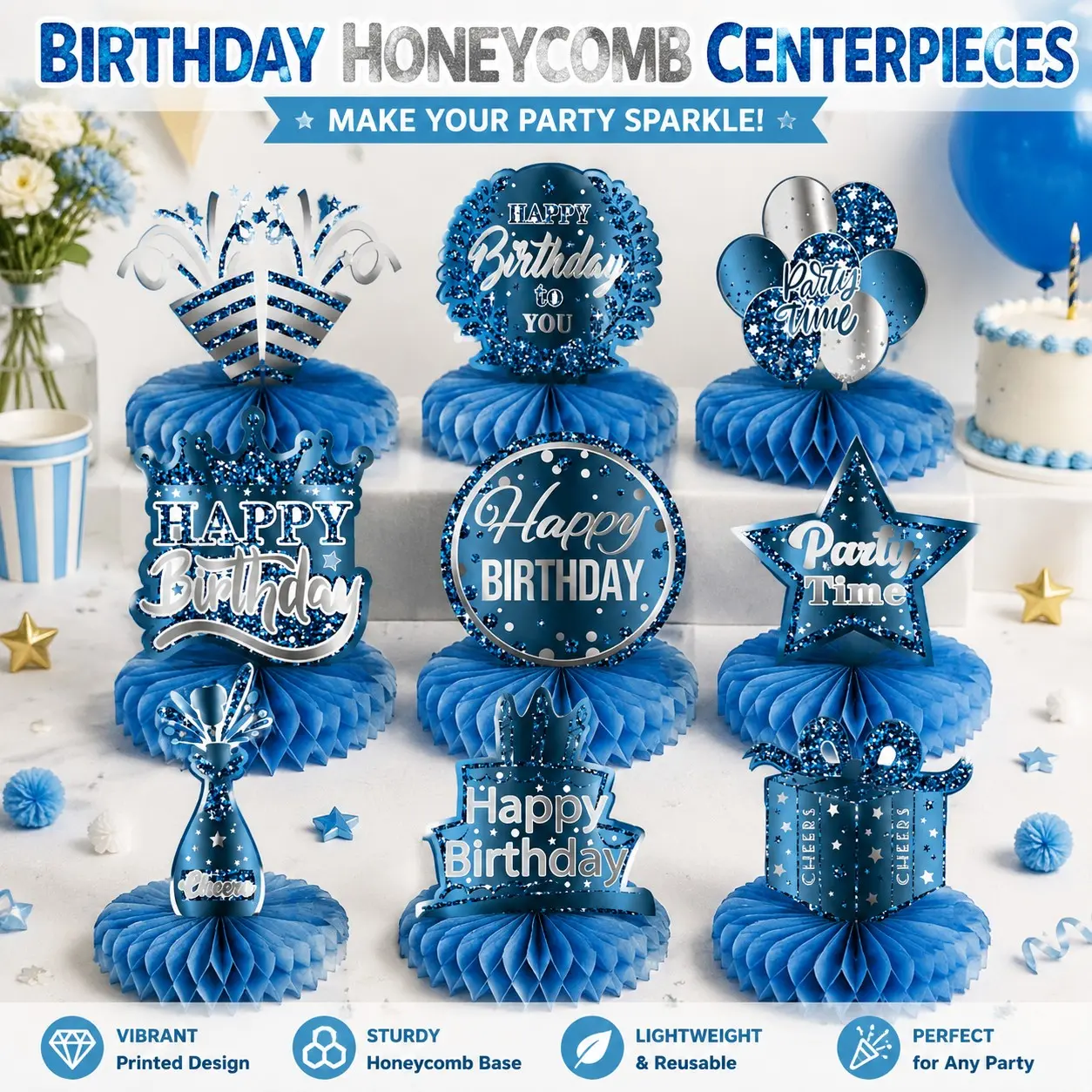 9PCS 3D Blue Birthday Centerpieces Decorations Birthday Honeycomb Table Decorations Blue Happy Birthday Party Decorations Birthday Party Supplies Party Decor Set