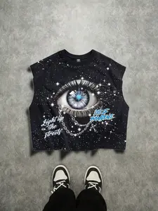 Men's Short Box Vest with Sequins, Summer Vacation Basic, Blue Cross Eye Pattern, Casual Streetwear Inner Layer Outer Wear