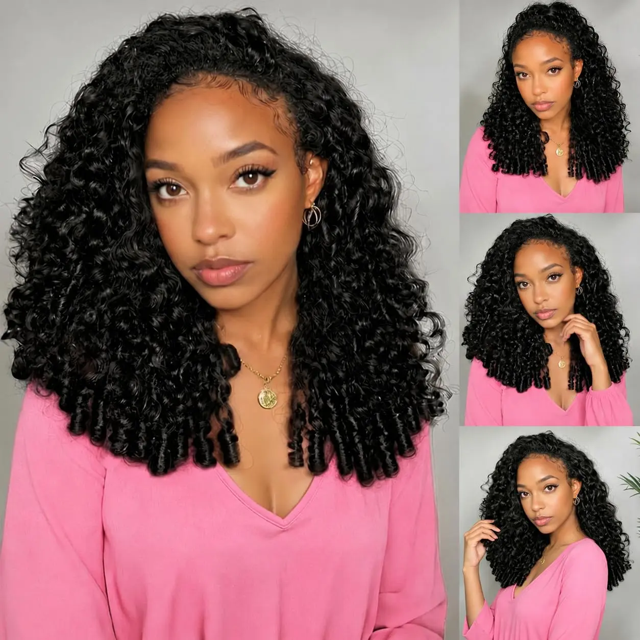 [3 IN 1 Half Wig] Hot Star Burmese Curly Half Wig Human Hair for Black Women Spiral Curl Ends Glueless Wear & Go Drawstring Wig 180% Density Flip Over Beginner Friendly No Glue No Sew Natural Black