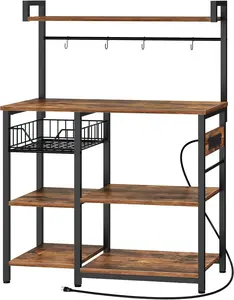 Bakers Rack with Power Outlet, 35.4 Inches Coffee Bar with Mesh Basket, Microwave Stand with 4 S-Shaped Hooks, Kitchen Bakers Rack with Storage, Easy to Assemble, Rustic Brown BF05HB01