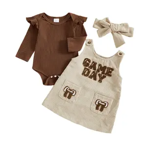 Infant Baby Girl Football Outfits Set Long Sleeve Ribbed Romper Game Day Embroidery Overall Dress Headband Cute Fall Clothes