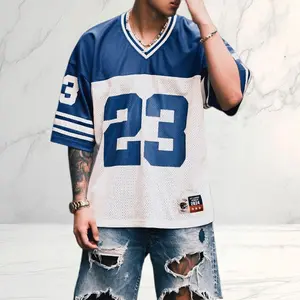 American retro V-neck jersey short-sleeve T-shirt, high-street athletic style, blue-and-white color blocking, number print, breathable mesh fabric, relaxed drop-shoulder fit, streetwear outfit for going out