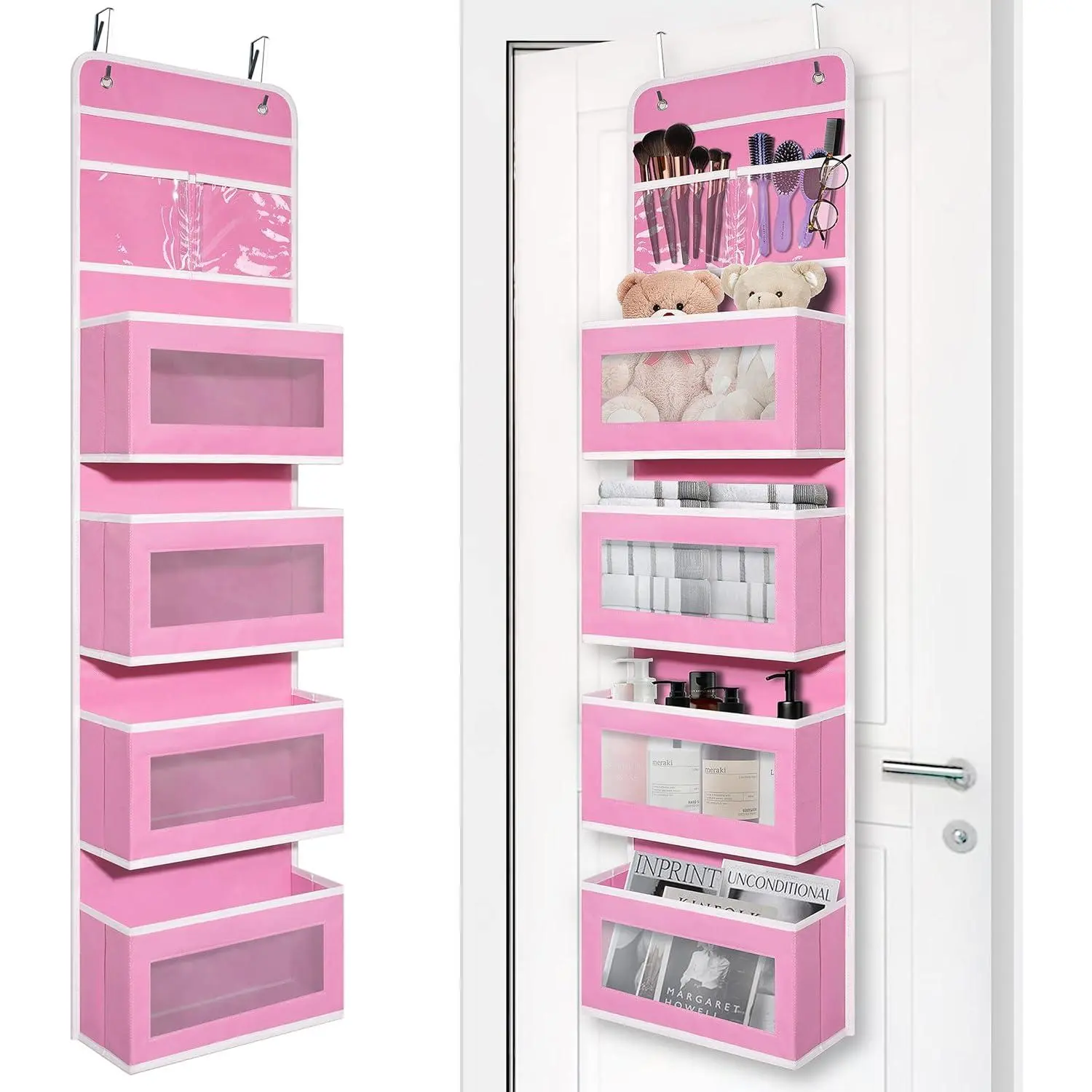 P-OMT021 Oxford Fabric Hangable Over Door Organizer - 4 Large-Capacity Eco-Friendly Pockets, Pink with Adjustable Hooks, for Bathroom/Nursery Storage (Toys, Cosmetics, Snacks, Baby Essentials, Window Compatible, Effortless Installation)