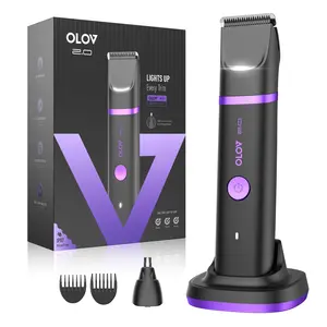 OLOV Groin & Body Hair Trimmer for Men - Electric Shaver for Pubic Hair, Chest, Legs - Ball Pubic Groomer, LED Light, Replaceable Ceramic Blade Heads, USB-C Recharge Dock, Waterproof Hygiene Razor