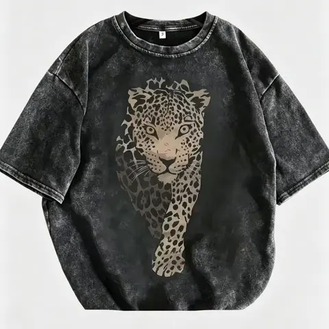 Leopard Print Women's Vintage Washed Cotton T-Shirt - 230g Heavy Cotton, Crew Neck Short Sleeve, Retro Street Style, Machine Washable, Loose Fit Casual Tee for Spring & Summer Fashion Fabric