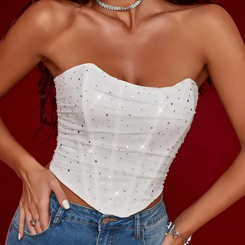 Y2K Sparkling Sequin Mesh Woven Ruched Boned Curved Hem Lace Up Back Backless Corset top bustier Shapewear Slim Crop Summer Style Tube Top Womenswear