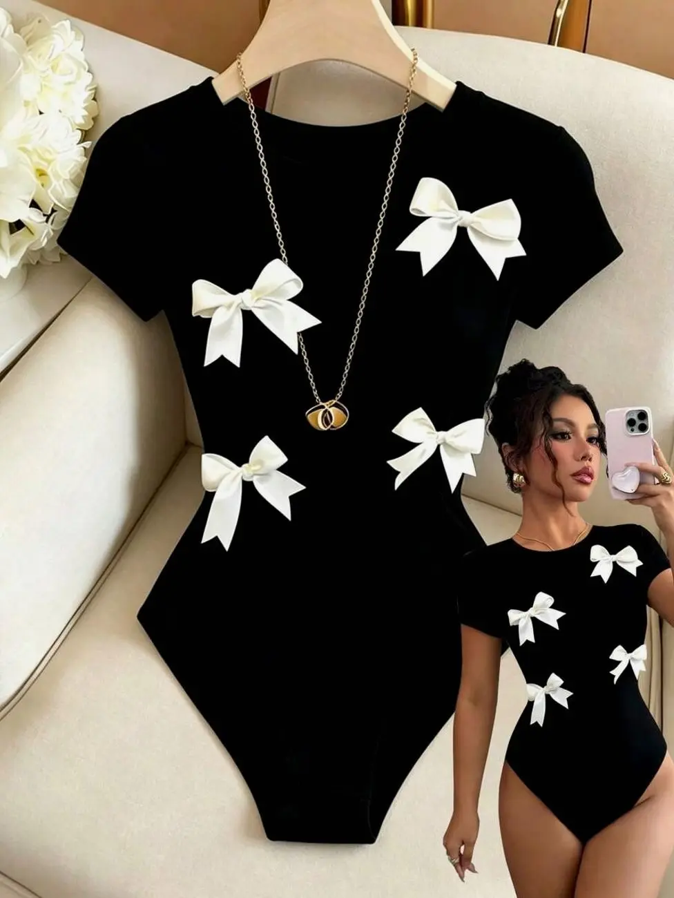 Elenzga Women's Bow Decor Round Neck Short Sleeve Bodysuit