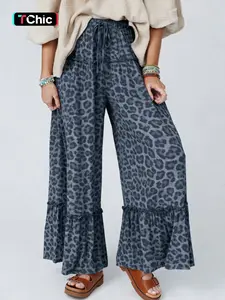 Summer Casual Wild Leopard Print Pleated Drawstring Adjustable Wide Leg Pants, Women's Fashionable Loose Fit Trousers, Comfortable and Stylish