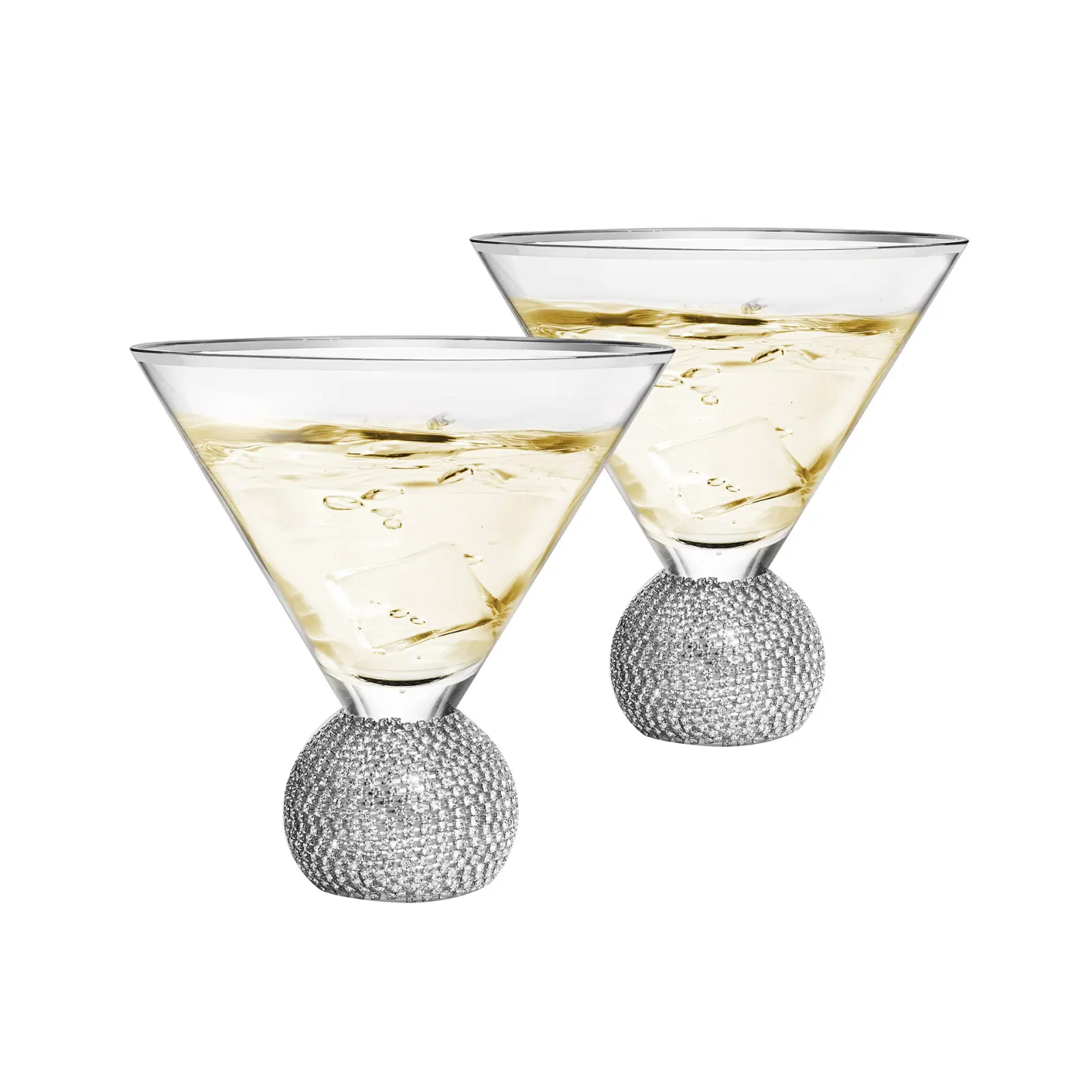 Diamond Studded Martini & Cocktail Glasses Set of 2, Rhinestone Diamonds Stemless Crystal Shiny Round Base, 10.5 oz, Shiny Style Crystal, Beautiful Hosting, Wedding, Everyday Rhinestones Glass Gold
