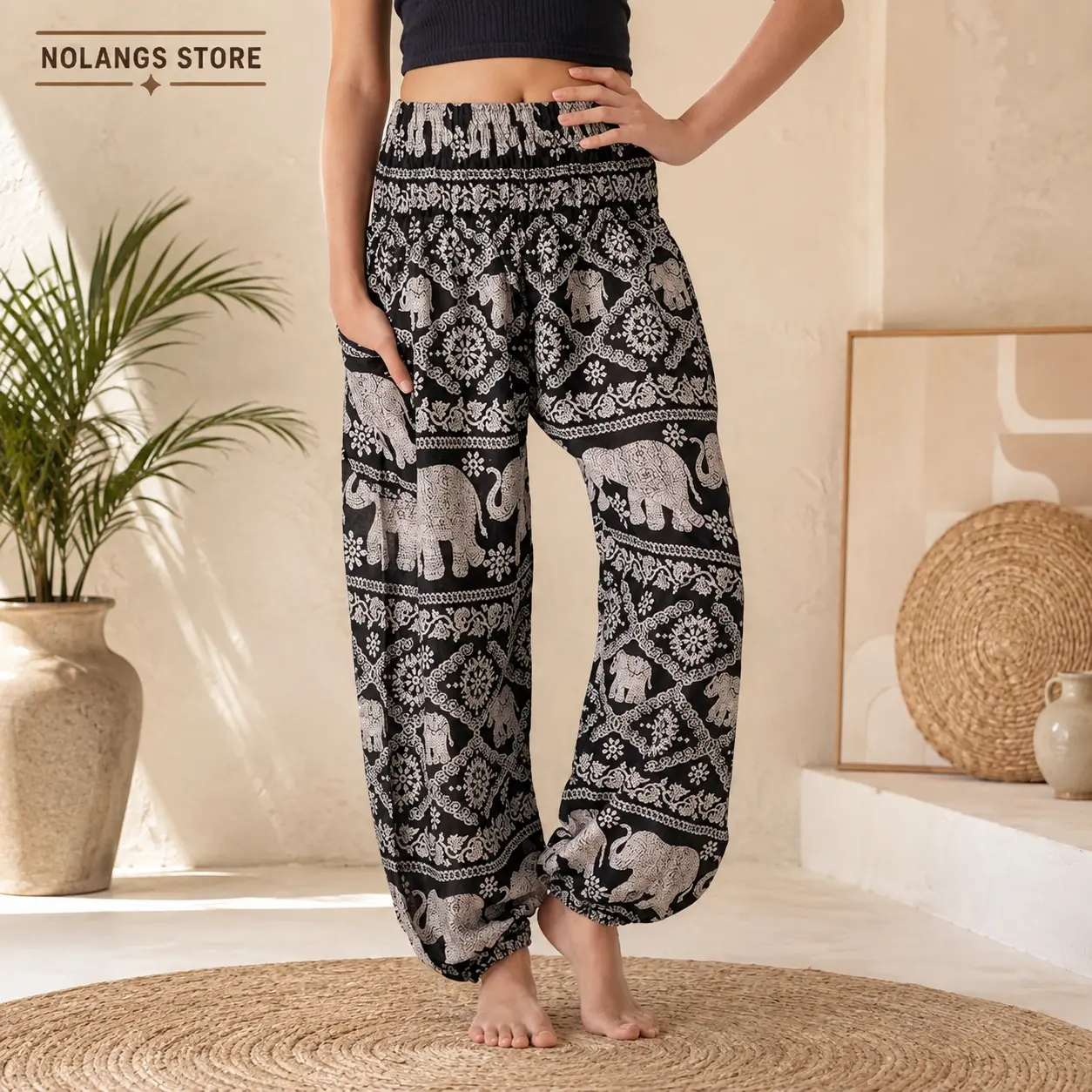 NOLANGS STORE Boho Harem Pants for Women - Lightweight Beach Yoga Pants Comfortable Elastic High Waist Smocked Trousers Loose Bohemian Hippie Clothes with Pocket