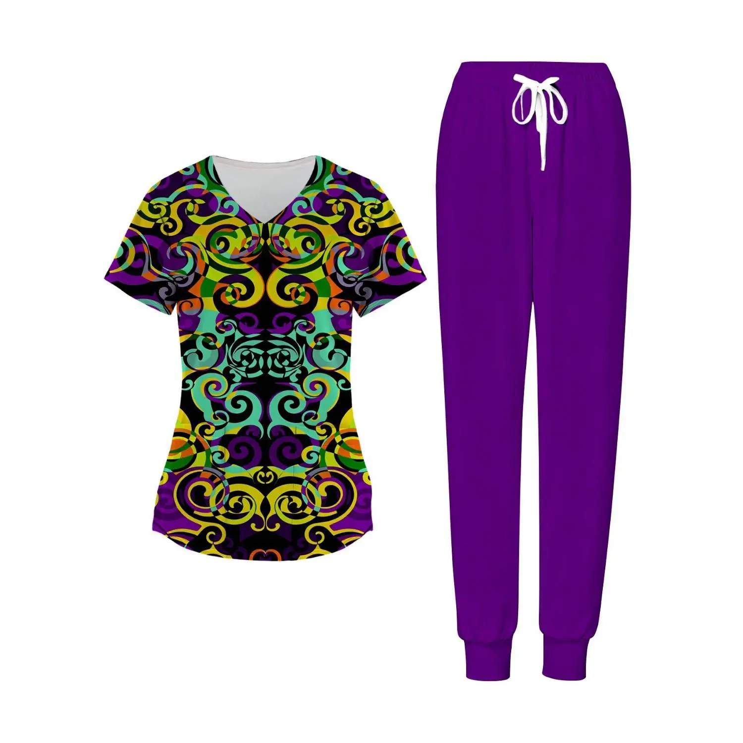 Vibrant Purple Swirl Print Two-Piece Women's Set with V-Neck Top and Pants, Ideal for Mardi Gras Scrubs