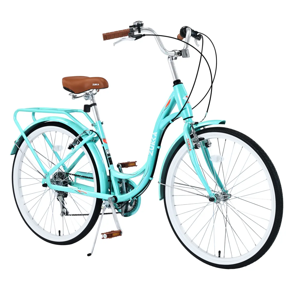 Women's 26-in 7-Speed Steel Frame Cruiser Bike - 16-in Step-Thru Steel Frame, Alloy 7-Speed Shifter, Front & Rear V-Brakes, Nonslip Adjustable Brown Leather Saddle, 220 lbs Capacity, 85% Assembled, Accessory Kit Included for Adult Commuting