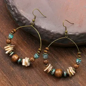 SUMENG 2025 New Ethnic Bohemia Women's Gypsy Big Bronze Wood Beads Round Drop Boho Earrings Vintage Style For Female Jewelry