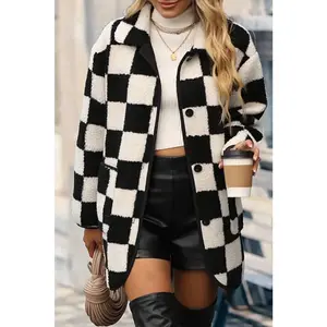 Black Checkered Side Pockets Collared Buttoned Fleece Jacket Black Checkered Side Pockets Collared Buttoned Fleece Jacket