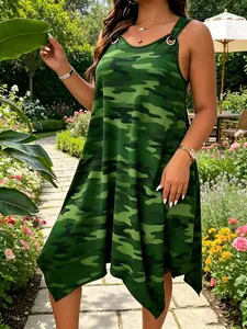 Elegant A-Line Sleeveless Dress for Women, Womenswear, Wide Strap Camouflage Print, Asymmetrical Hem, Perfect for Daily Casual Party Wear