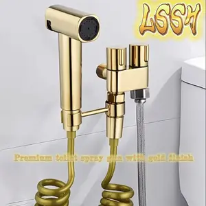 Premium toilet spray gun with gold finish, wall mounted, equipped with handheld bathtub sprayer and 2m hose dual spray
