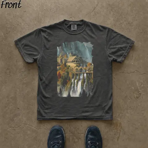 Gildan Men's Slim-Fit Cotton Short-Sleeve Round Neck T-Shirt - Vintage JRR Tolkien Rivendell Sunset Graphic Back Print, Casual Menswear, Slim Cut Enhances Street Look, All-Seasons Lightweight Top, Cold Machine Washable, Graphic Print Adds Character