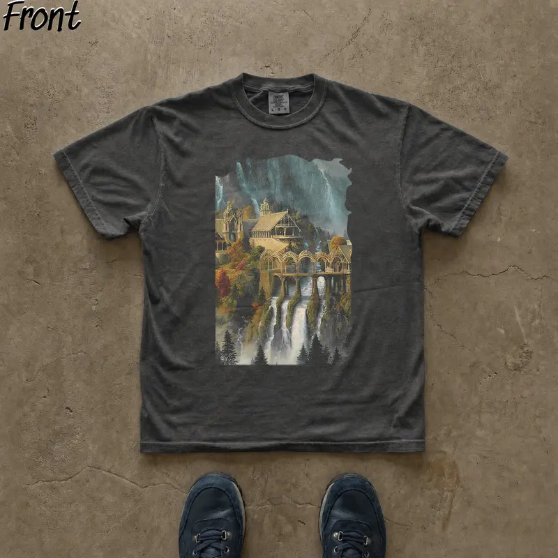 Gildan Men's Slim-Fit Cotton Short-Sleeve Round Neck T-Shirt - Vintage JRR Tolkien Rivendell Sunset Graphic Back Print, Casual Menswear, Slim Cut Enhances Street Look, All-Seasons Lightweight Top, Cold Machine Washable, Graphic Print Adds Character