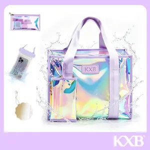 KXB Women's Jelly Iridescent Waterproof Tote Beach Bag, Swimming Pool Tote Bag with Makeup Bag, DIY Board and Waterproof Phone Pouch, Summer Essential, Perfect for Easter Basket, Music Festival, Concert, Beach, Daily Commute and Vacation