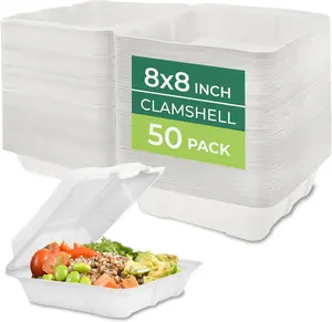 Freshware Clamshell Food Containers 8x8” (50 Pack) – Heavy Duty Disposable To Go Boxes, Leak Resistant, Microwave Safe, Compostable