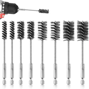 8pcs Bore Brush, Stainless Steel Wire Brush Drill Attachments with 1/4 Inch Hex Shank Twisted Wire Cleaning Tools for Power Drill Impact Driver, Sizes 9.7/14/19/ 22mm