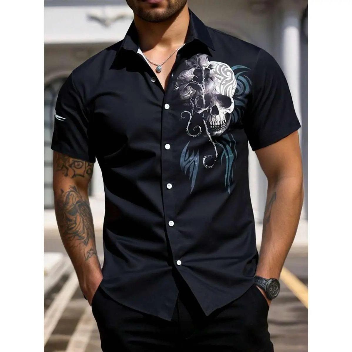 Men's Polyester Short-Sleeve Shirt - Menswear Casual Top with Skull Pattern, Front Buttons, Fabric Hem, Suitable for Summer Wear
