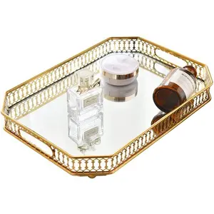 Mirror tray perfume tray vanity makeup decorative jewelry tray with metal for dresser bathroom bedroom countertop organizer large size 138 x 96 gold